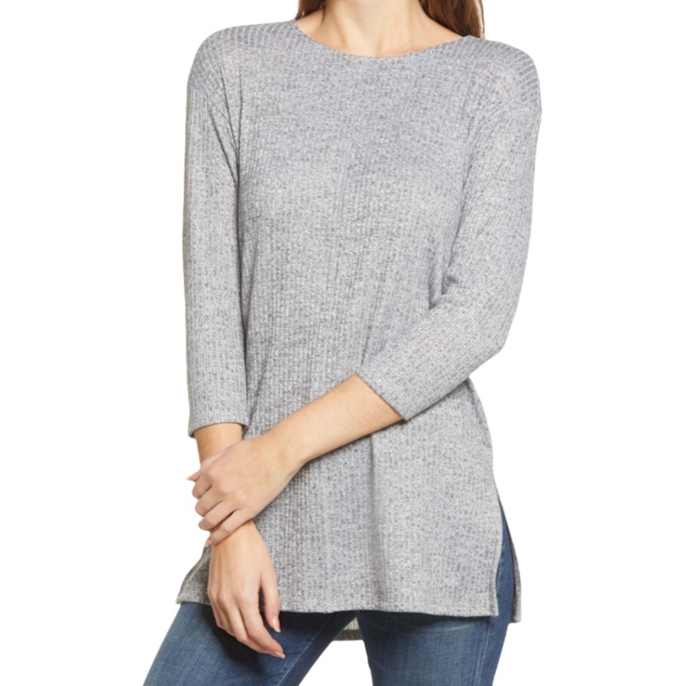Bobeau Oversized Ribbed Long Sleeves Gray Tunic Sweater Top Size XS NEW